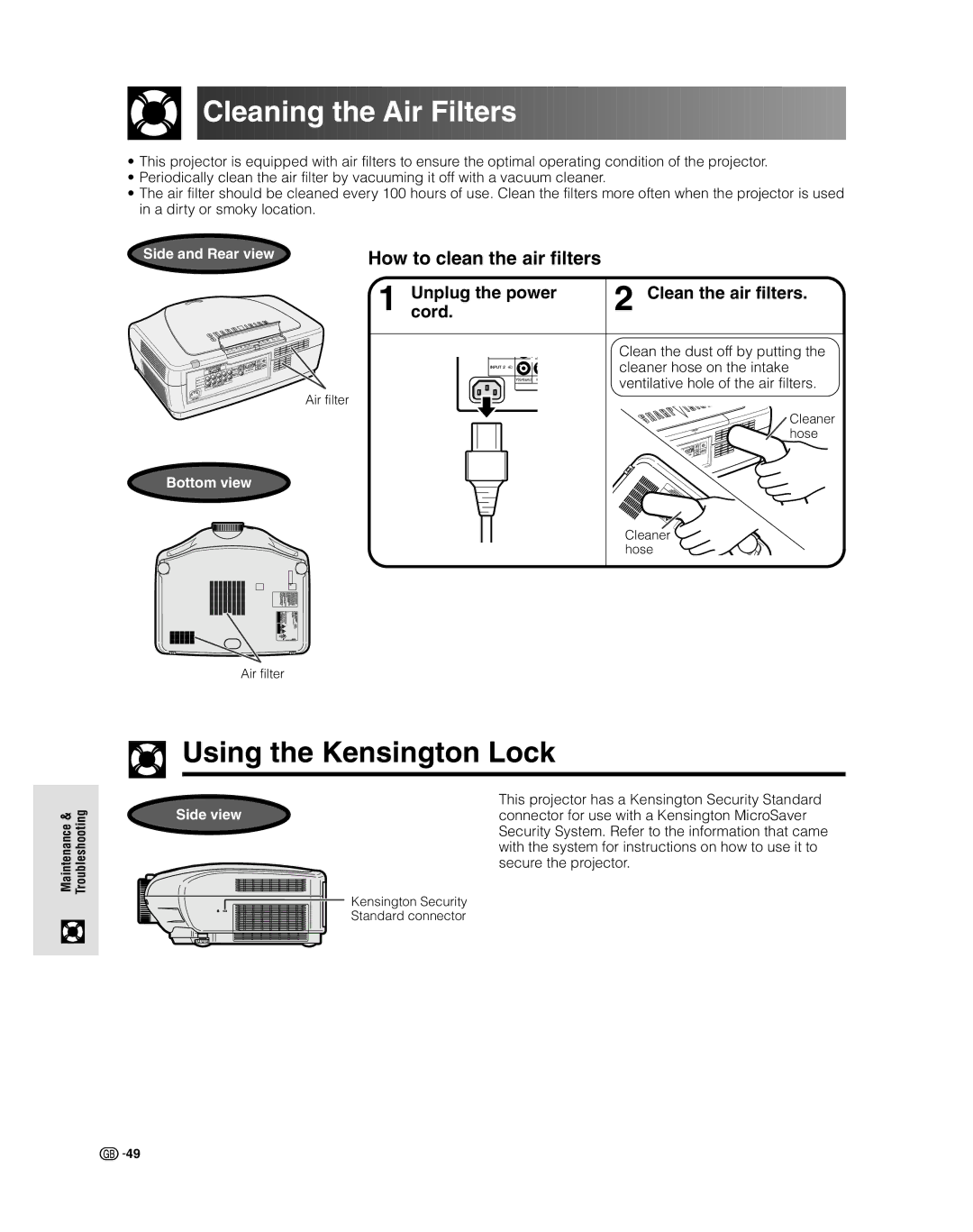 Sharp XV-Z9000E manual Cleaning the Air Filters, Using the Kensington Lock, How to clean the air filters 