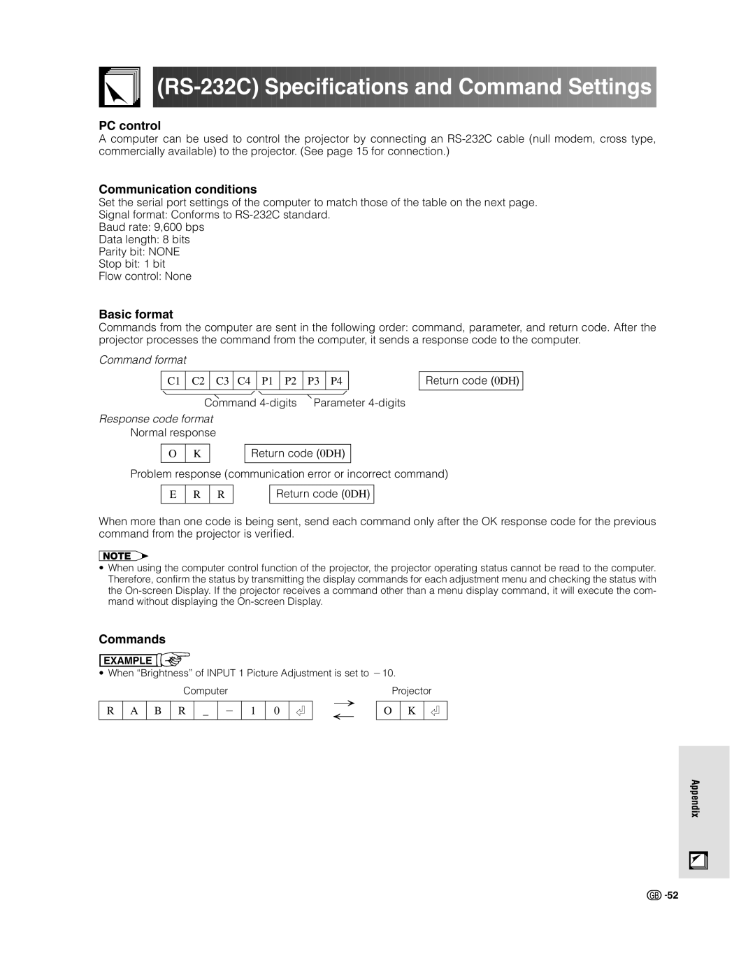 Sharp XV-Z9000E RS-232C Specifications and Command Settings, PC control, Communication conditions, Basic format, Commands 