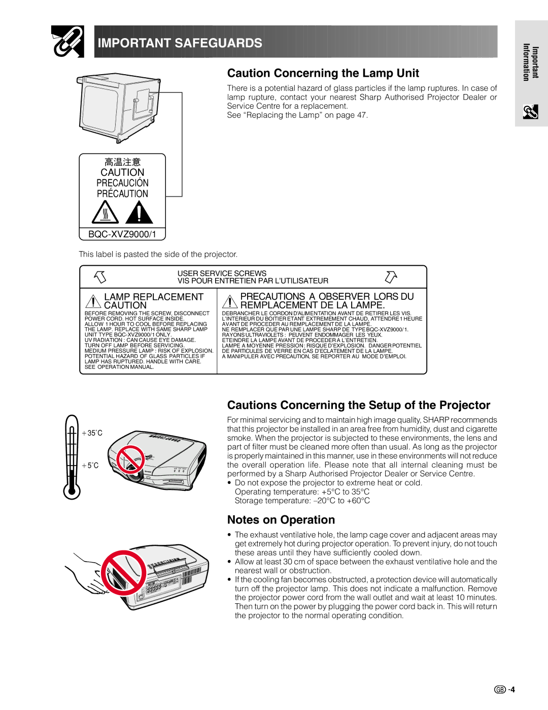 Sharp XV-Z9000E manual Important Safeguards 