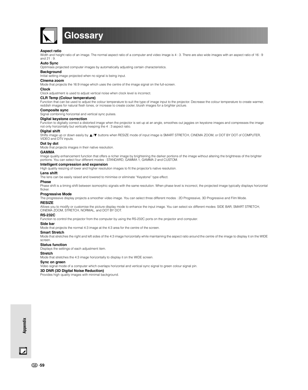 Sharp XV-Z9000E manual Glossary, Aspect ratio 