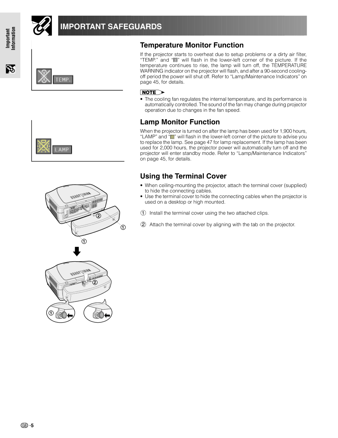 Sharp XV-Z9000E manual Temperature Monitor Function, Lamp Monitor Function, Using the Terminal Cover 