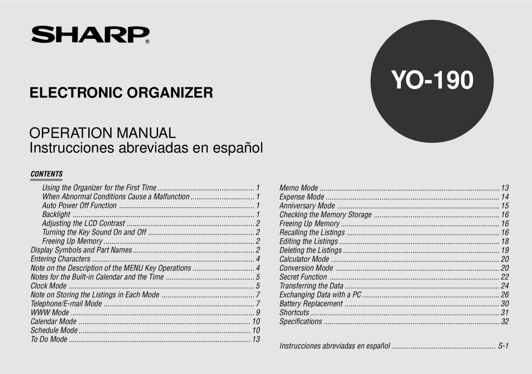 Sharp YO-190 operation manual 