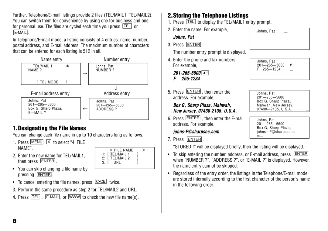 Sharp YO-190 Storing the Telephone Listings, Designating the File Names, Johns, Pat, 265-1234, Box G, Sharp Plaza, Mahwah 