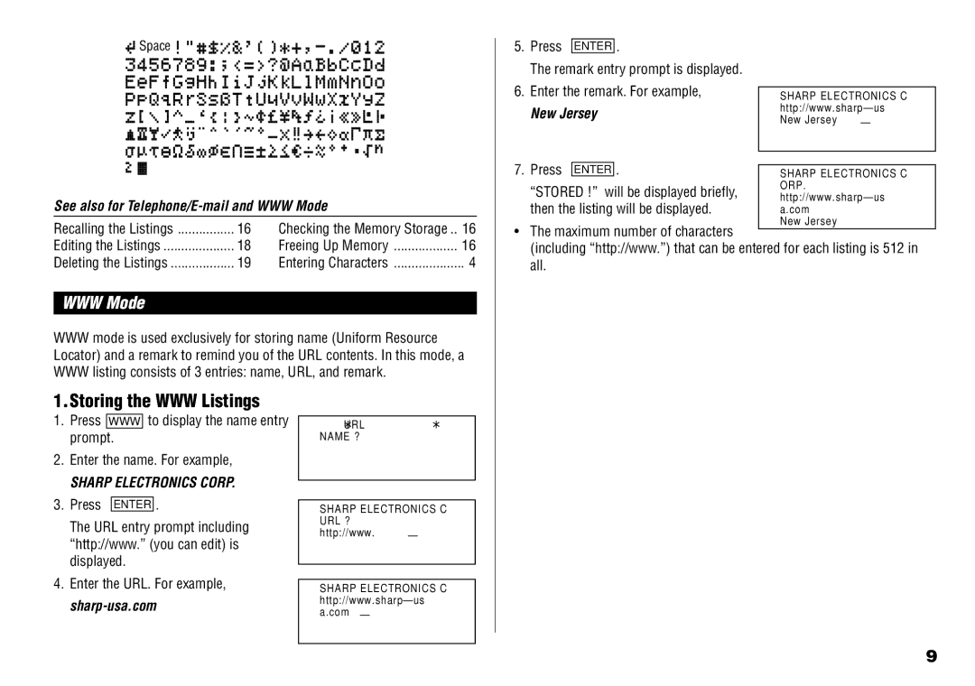 Sharp YO-190 operation manual Storing the WWW Listings, See also for Telephone/E-mail and WWW Mode, New Jersey 