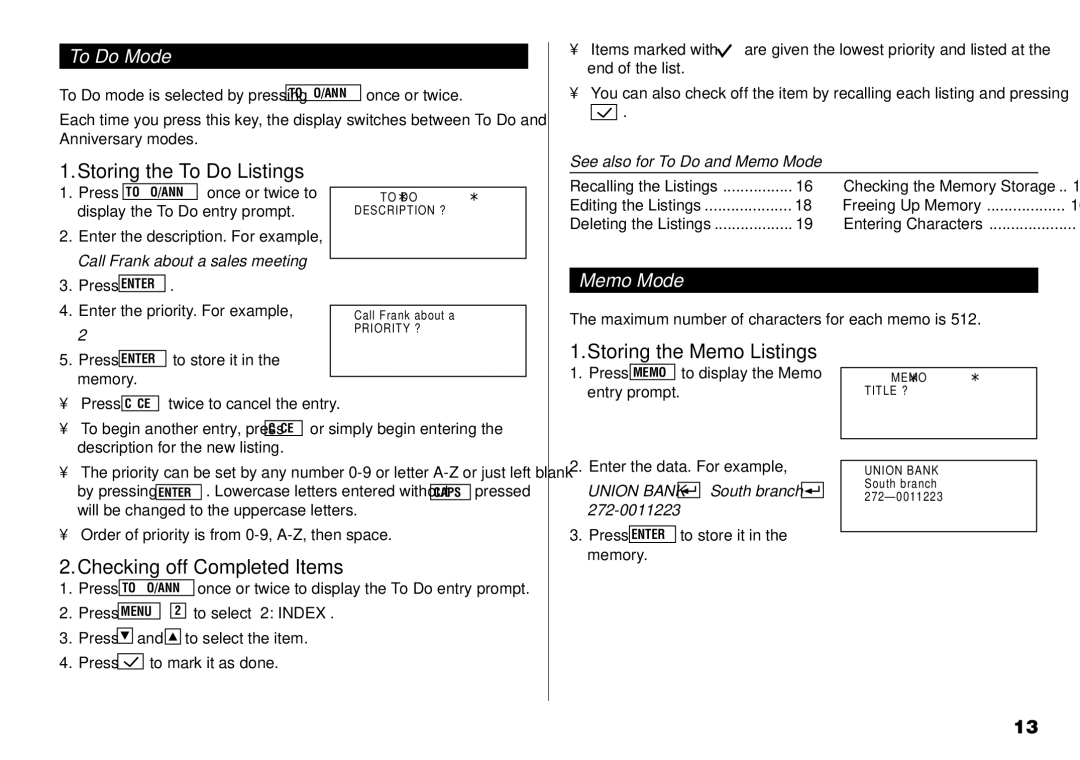 Sharp YO-190 Storing the To Do Listings, Checking off Completed Items, Storing the Memo Listings, To Do Mode, Memo Mode 