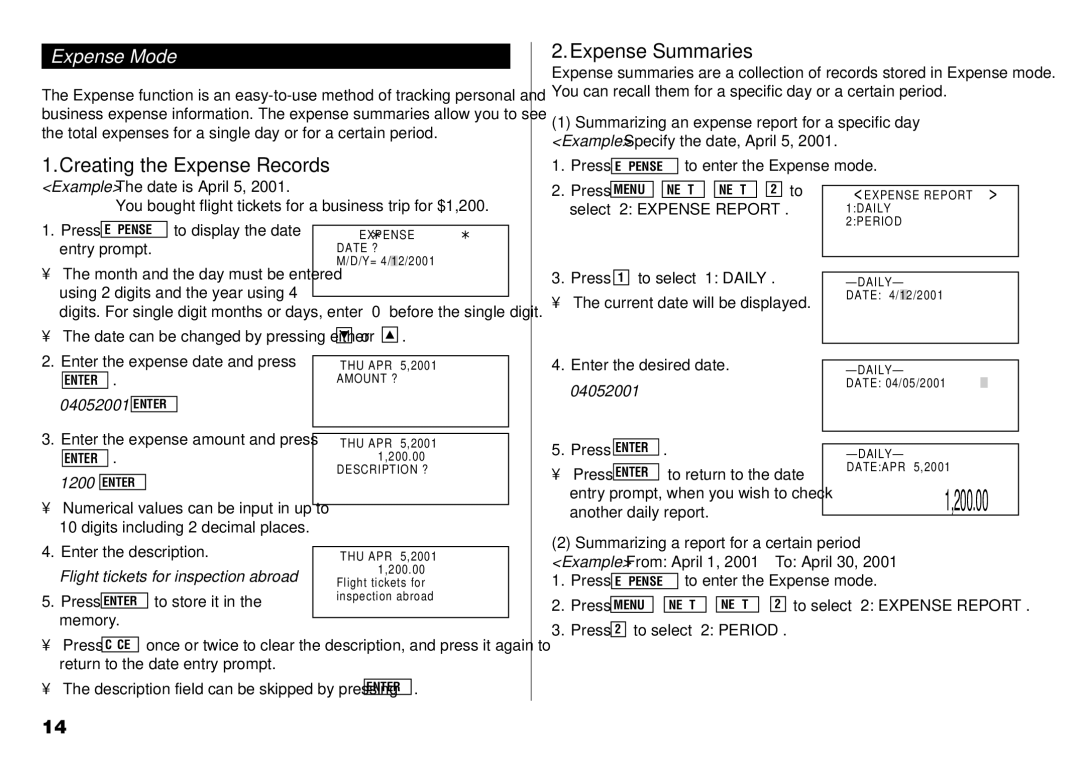 Sharp YO-190 operation manual Creating the Expense Records Expense Summaries, Expense Mode, 1200, 04052001 