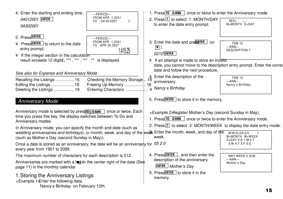 Sharp YO-190 operation manual Storing the Anniversary Listings, Anniversary Mode 