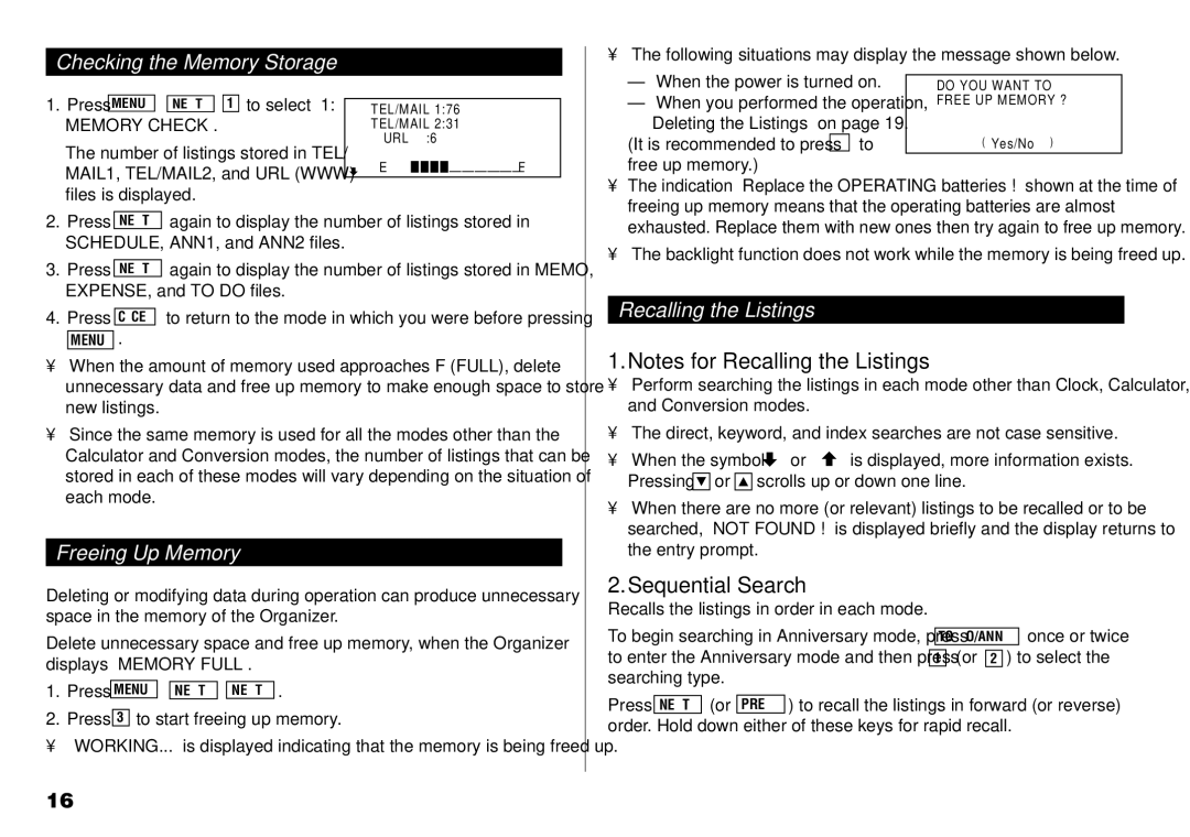 Sharp YO-190 Sequential Search, Checking the Memory Storage, Freeing Up Memory, Recalling the Listings, Memory Check 