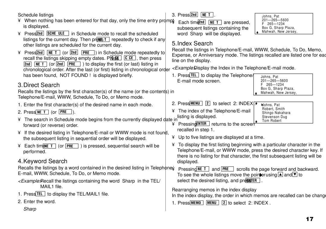 Sharp YO-190 operation manual Direct Search, Index Search, Keyword Search, Sharp 