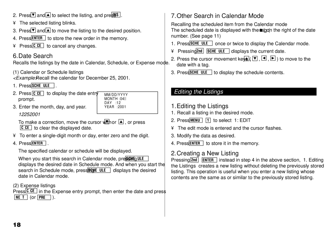 Sharp YO-190 operation manual Date Search, Other Search in Calendar Mode, Editing the Listings, Creating a New Listing 