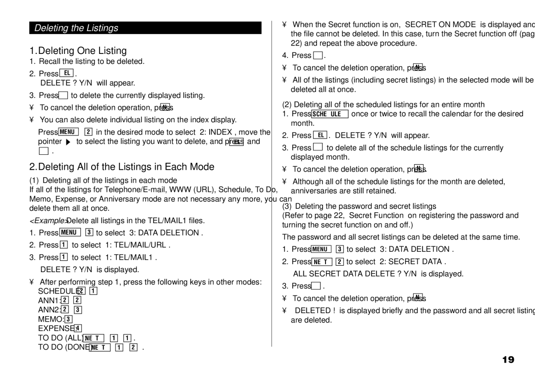 Sharp YO-190 operation manual Deleting One Listing, Deleting All of the Listings in Each Mode, Deleting the Listings 