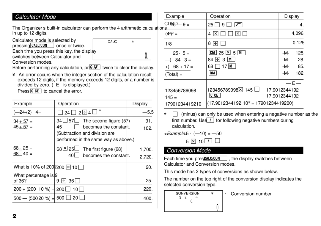 Sharp YO-190 operation manual Calculator Mode, Conversion Mode, Example, Display, 10 +/- = 