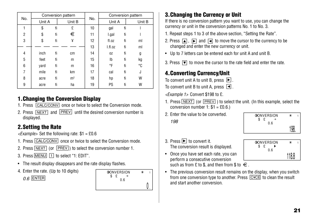 Sharp YO-190 Changing the Conversion Display, Setting the Rate, Changing the Currency or Unit, Converting Currency/Unit 