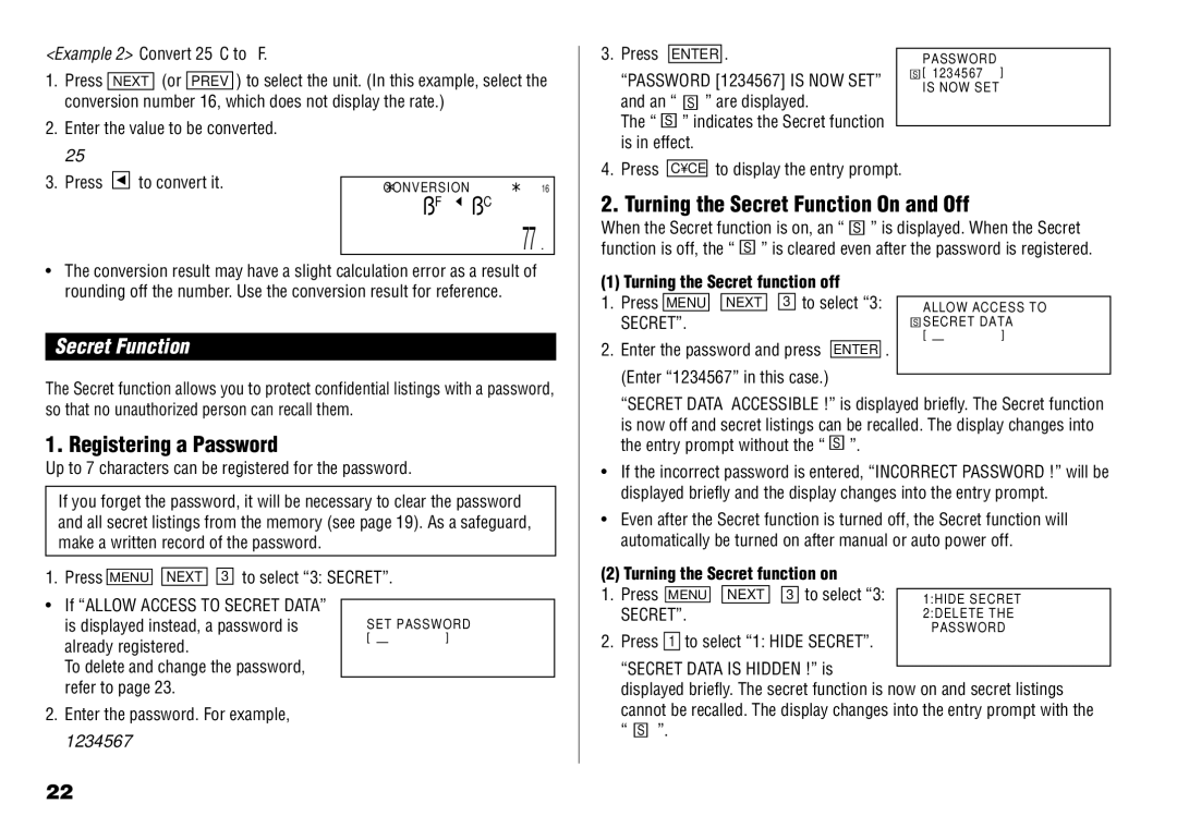 Sharp YO-190 operation manual Turning the Secret Function On and Off, Registering a Password, 1234567 