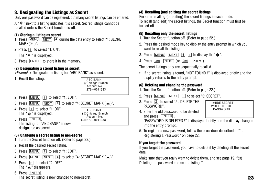 Sharp YO-190 operation manual Designating the Listings as Secret 