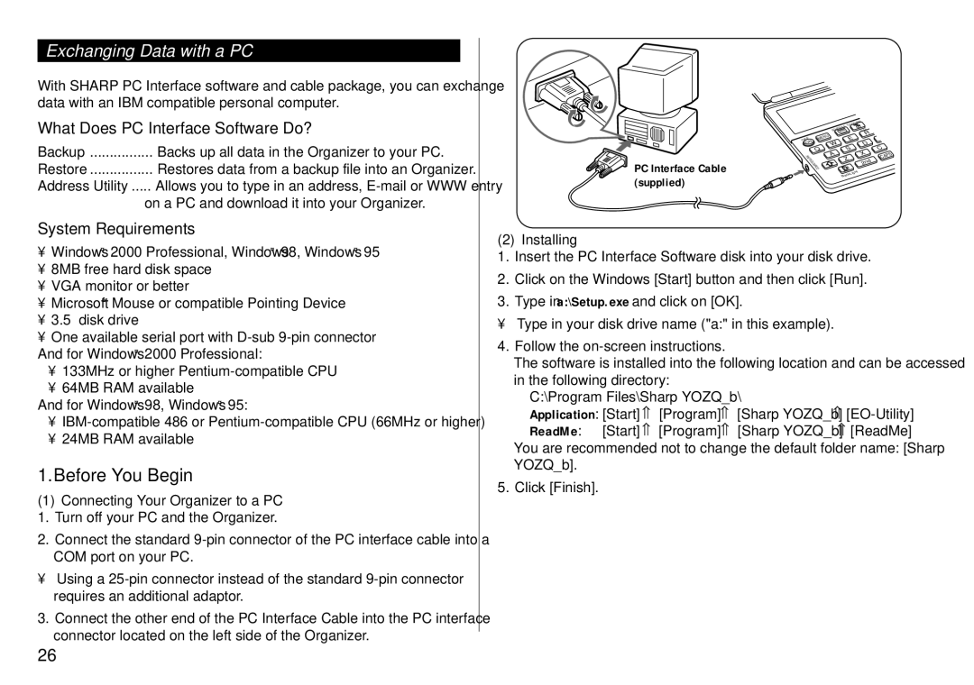 Sharp YO-190 operation manual Before You Begin, Exchanging Data with a PC, Installing 