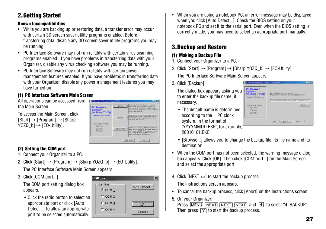 Sharp YO-190 Getting Started, Backup and Restore, Known Incompatibilities, Setting the COM port, Making a Backup File 