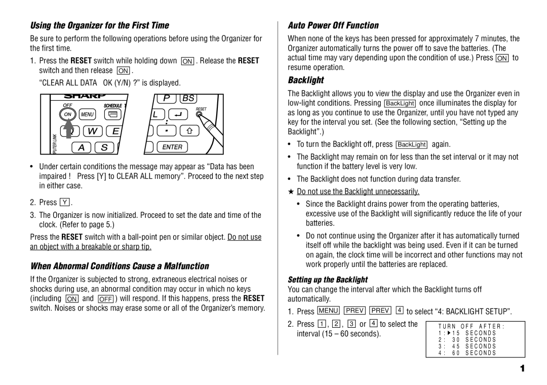 Sharp YO-190 operation manual Setting up the Backlight, Press To select, Interval 15 60 seconds 