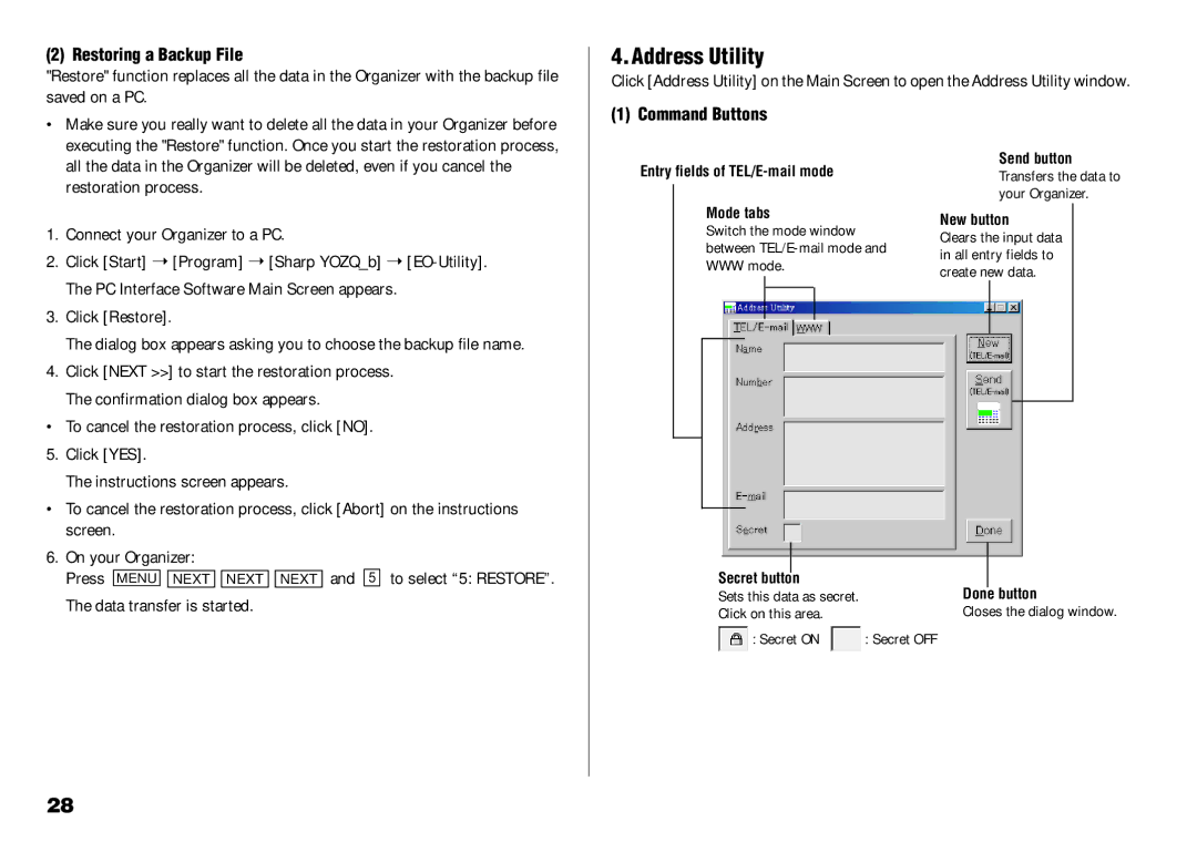 Sharp YO-190 operation manual Address Utility, Restoring a Backup File, Click Restore, Command Buttons 