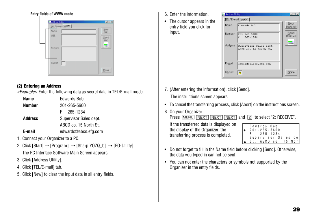 Sharp YO-190 operation manual Entering an Address, Name, Number, Mail 