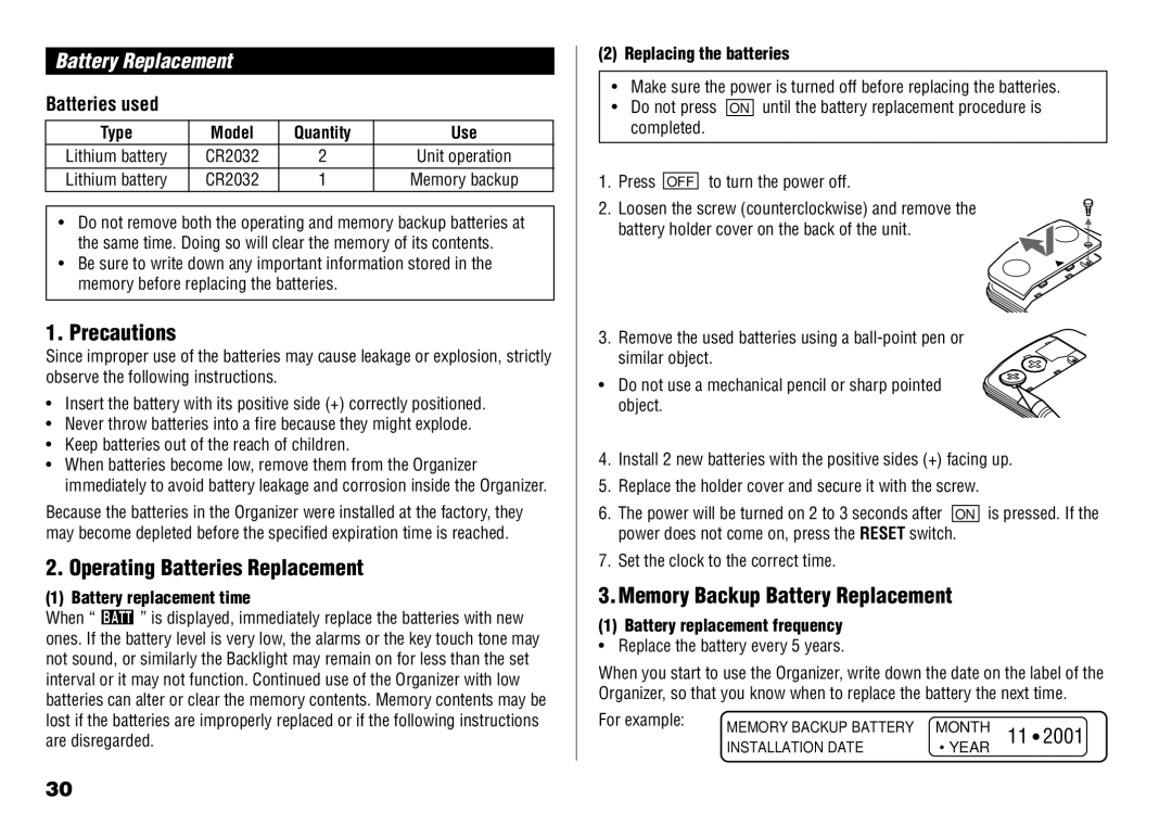 Sharp YO-190 operation manual Precautions, Operating Batteries Replacement, Memory Backup Battery Replacement 