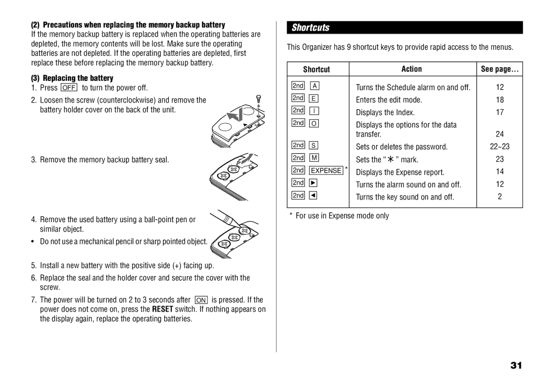 Sharp YO-190 Shortcuts, Precautions when replacing the memory backup battery, Replacing the battery, Shortcut Action 