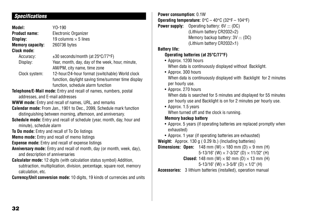 Sharp YO-190 operation manual Specifications 