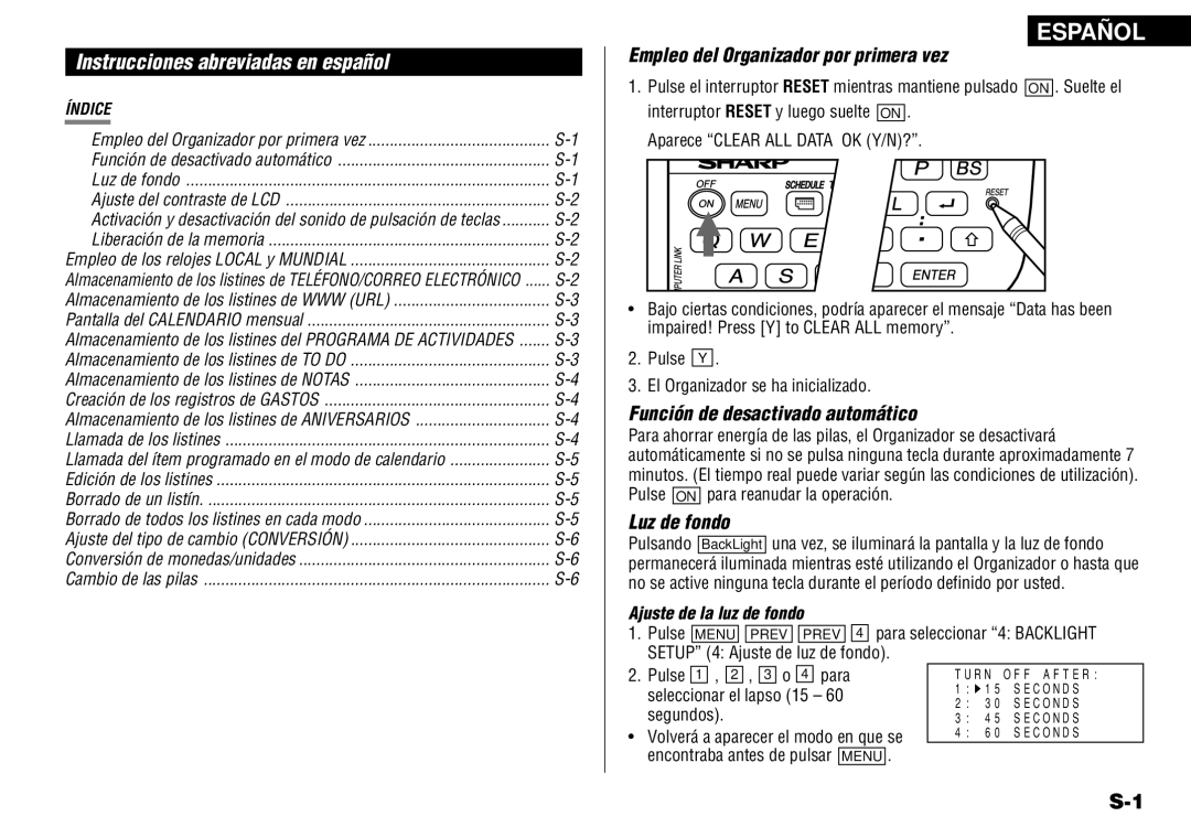 Sharp YO-190 Instrucciones abreviadas en español, Pulse Y El Organizador se ha inicializado, Ajuste de la luz de fondo 