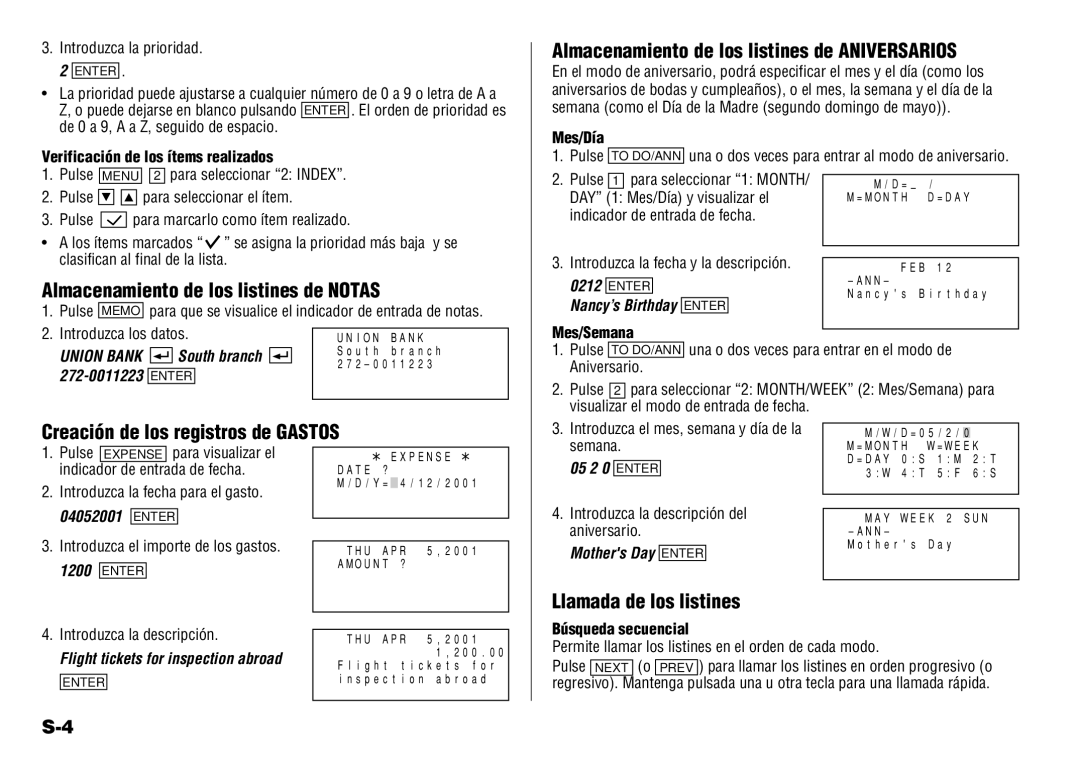 Sharp YO-190 operation manual Almacenamiento de los listines de Aniversarios, Almacenamiento de los listines de Notas 