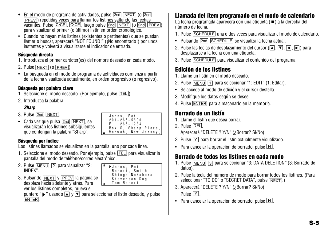 Sharp YO-190 operation manual Edición de los listines, Borrado de un listín, Borrado de todos los listines en cada modo 