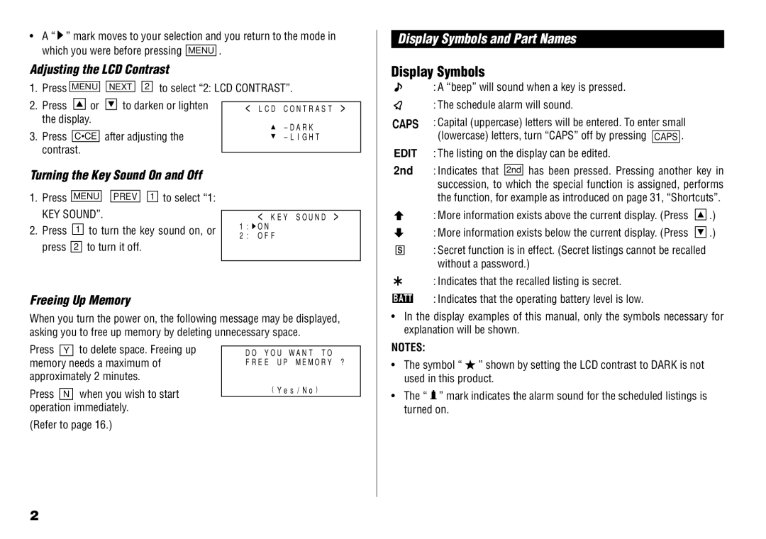 Sharp YO-190 operation manual Display Symbols and Part Names 