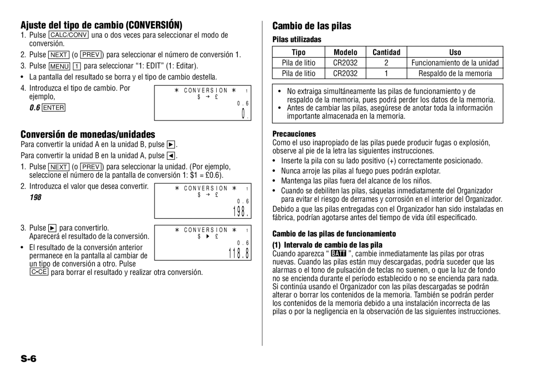 Sharp YO-190 Ajuste del tipo de cambio Conversión, Conversión de monedas/unidades, Cambio de las pilas, Precauciones 