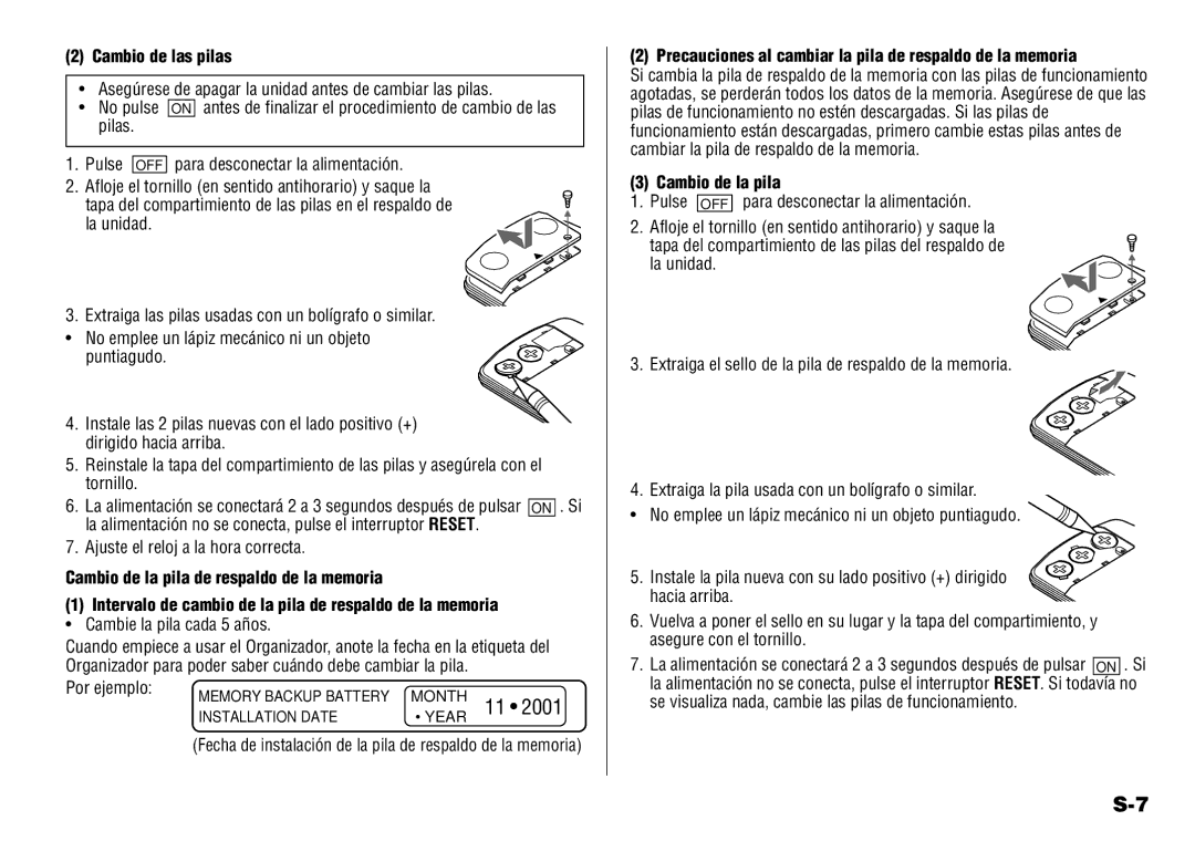 Sharp YO-190 Cambio de las pilas, Precauciones al cambiar la pila de respaldo de la memoria, Cambio de la pila 