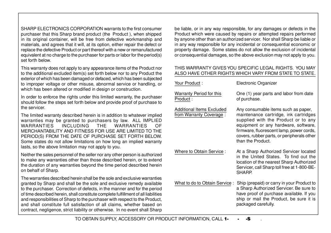 Sharp YO-190 operation manual Limited Warranty 