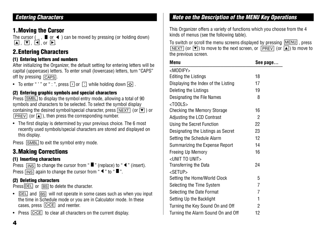 Sharp YO-190 operation manual Moving the Cursor, Entering Characters, Making Corrections 