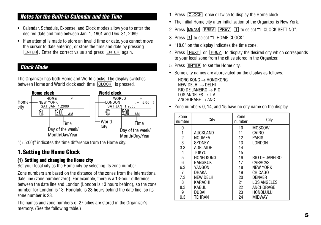 Sharp YO-190 Setting the Home Clock, Clock Mode, Home clock, World clock, Setting and changing the Home city 