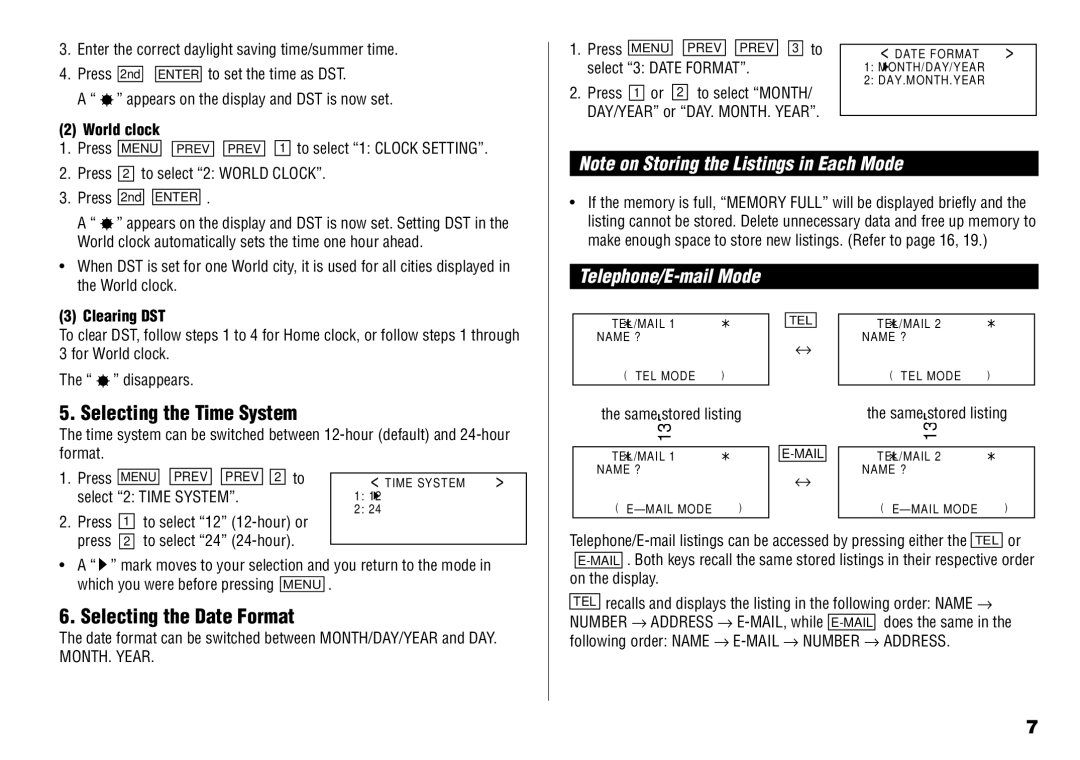 Sharp YO-190 Selecting the Time System, Selecting the Date Format, Telephone/E-mail Mode, Clearing DST, MONTH. Year 