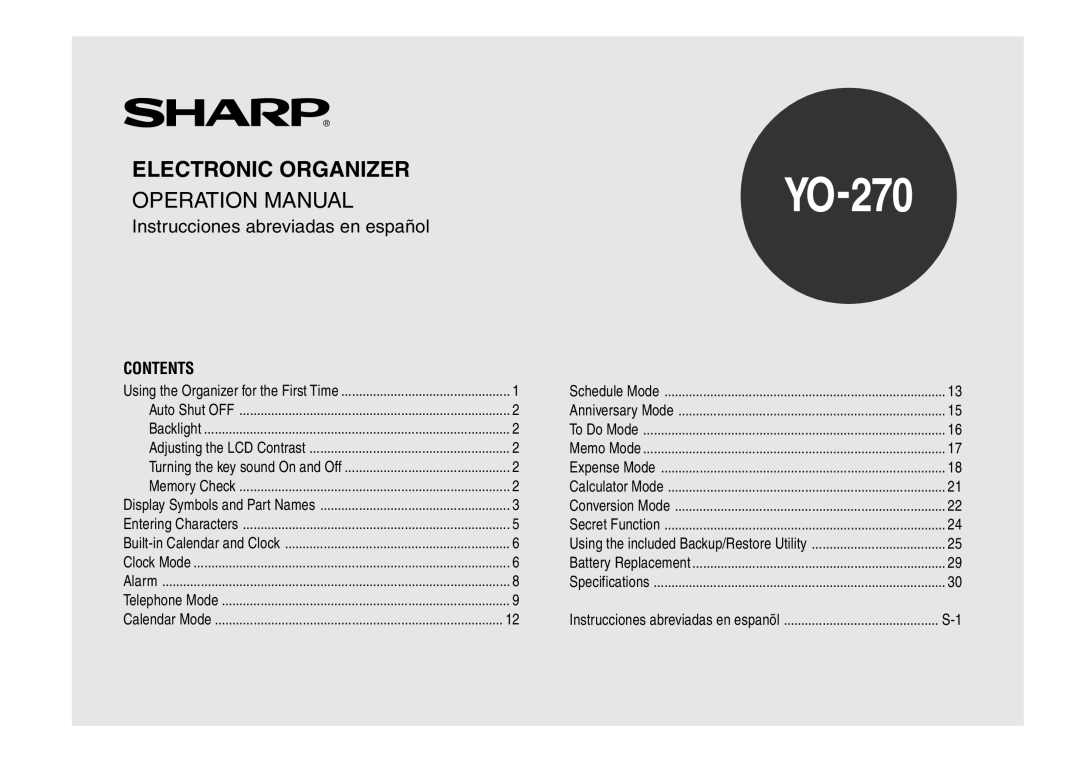 Sharp YO-270 operation manual Instrucciones abreviadas en español 