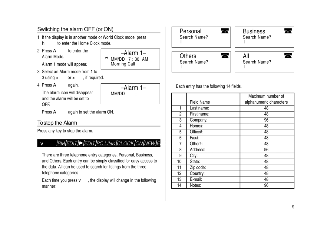 Sharp YO-270 Telephone Mode, Switching the alarm OFF or on, Personal Business, Others All, To stop the Alarm 