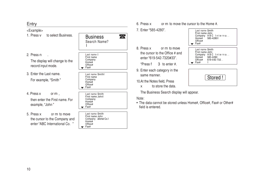 Sharp YO-270 operation manual Entry, Stored, Example, Enter ABC International Co, Enter 619-542-7320#33 