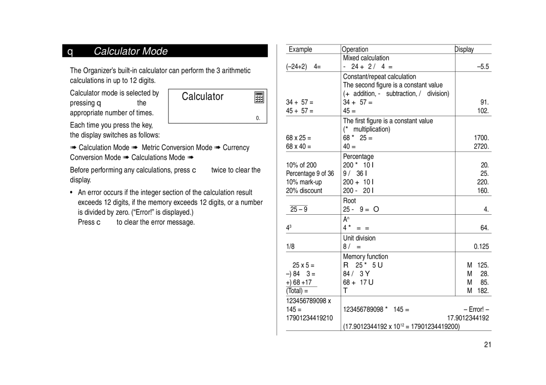 Sharp YO-270 operation manual Calculator Mode, Example Operation Display 