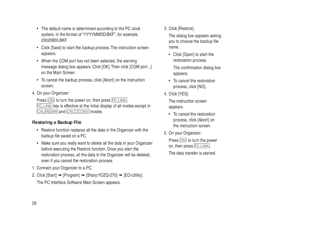 Sharp YO-270 operation manual Restoring a Backup File 