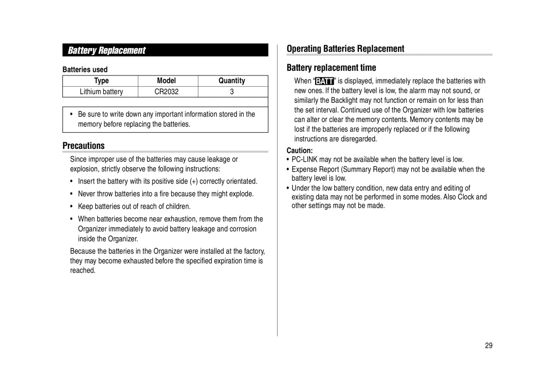 Sharp YO-270 operation manual Battery Replacement, Operating Batteries Replacement Battery replacement time 