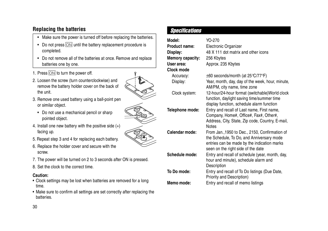 Sharp YO-270 operation manual Specifications, Replacing the batteries 