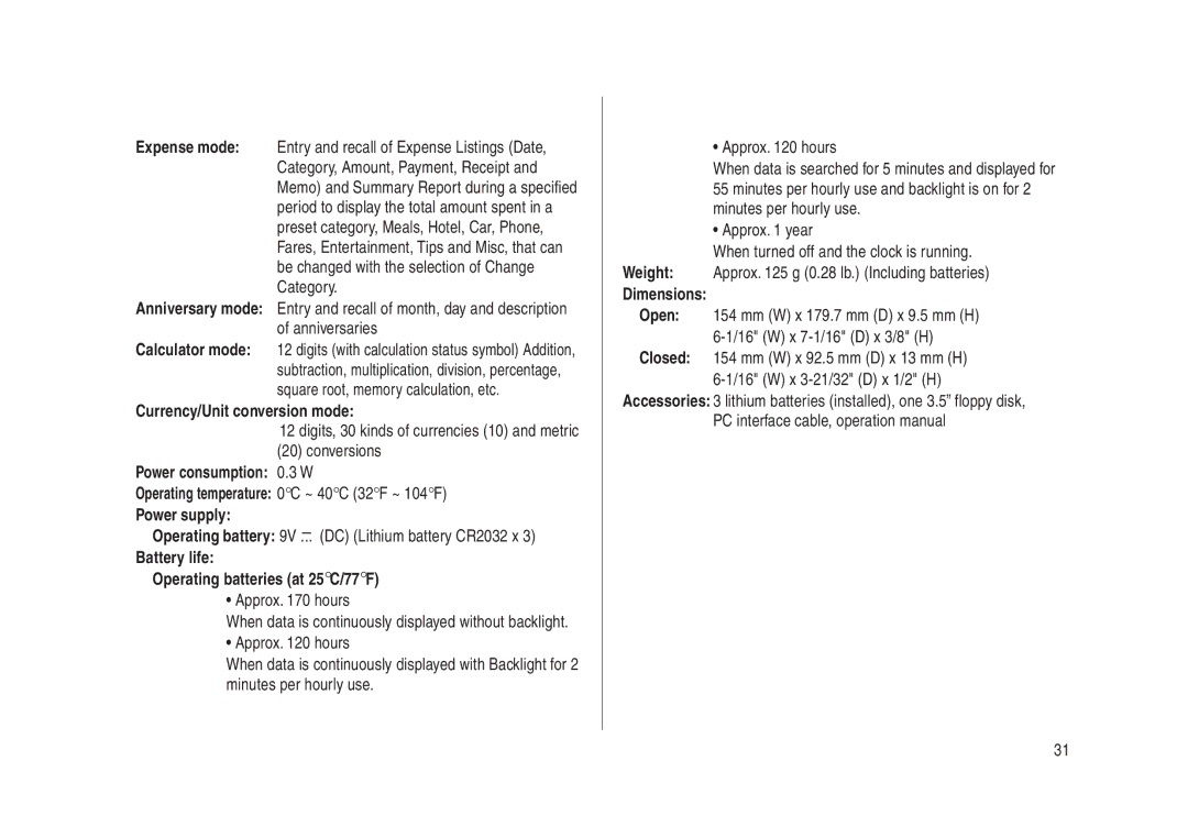 Sharp YO-270 operation manual Currency/Unit conversion mode, Power consumption 0.3 W, Power supply 