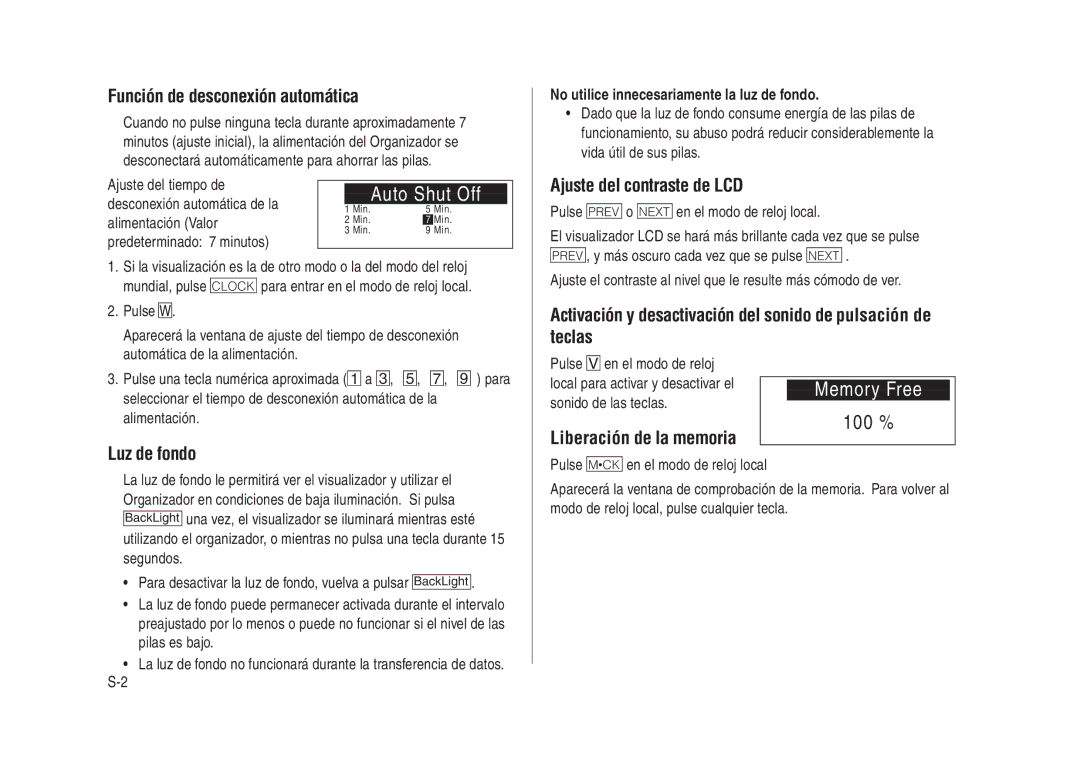 Sharp YO-270 Función de desconexión automática, Ajuste del contraste de LCD, Liberación de la memoria, Luz de fondo 