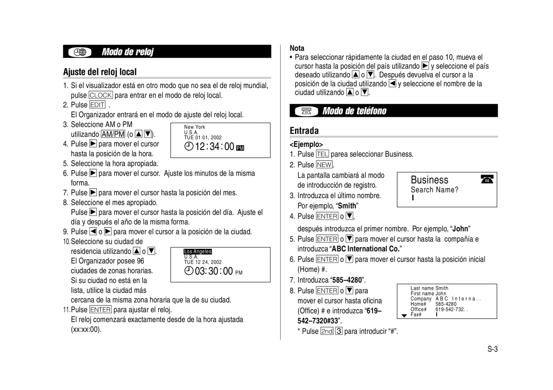 Sharp YO-270 operation manual Modo de reloj, Modo de teléfono, Ajuste del reloj local, 12 34, Entrada 