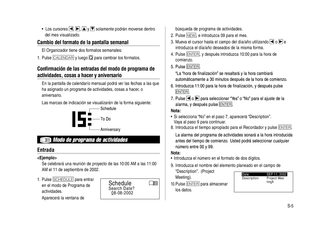 Sharp YO-270 operation manual Modo de programa de actividades, Cambio del formato de la pantalla semanal 