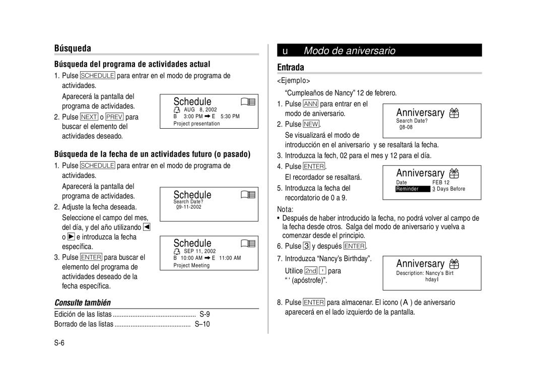 Sharp YO-270 operation manual Modo de aniversario, Búsqueda del programa de actividades actual 