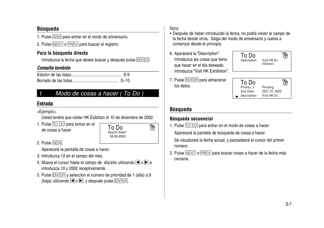 Sharp YO-270 operation manual Modo de cosas a hacer To Do, Para la búsqueda directa, Búsqueda secuencial 